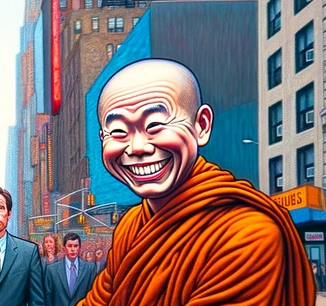 A closeup of the monk’s grinning face from the final product, the first illustration shown.