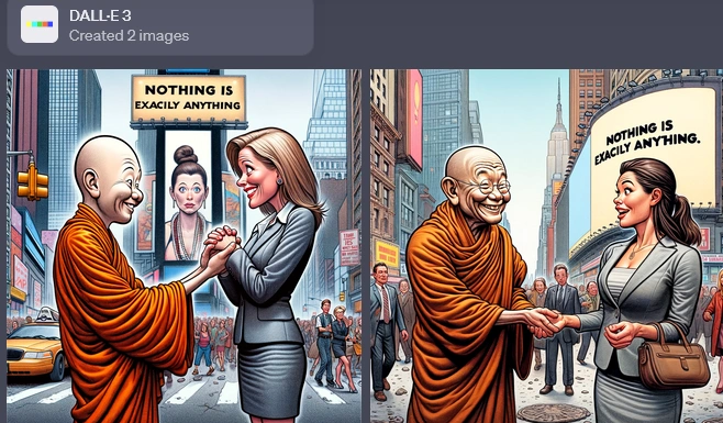 Two illustrations side by side, each showing a smiling Tibetan monk holding the hand of a grinning young woman in the middle of Times Square. The phrase “Nothing is exactly anything” is visible on a billboard, with minor text errors.
