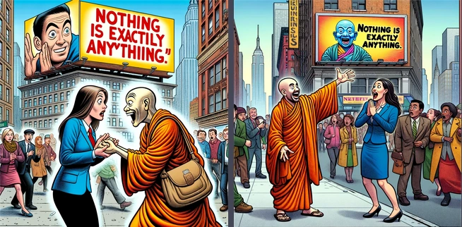 Two illustrations side by side, each showing a grinning Tibetan monk and a young woman in the middle of Times Square. In the left illustration, the monk is holding the woman’s hands and she looks worried. In the right illustration, the monk is gesticulating broadly and the woman looks overjoyed. The phrase “Nothing is exactly anything” is visible on a billboard, with minor text errors.