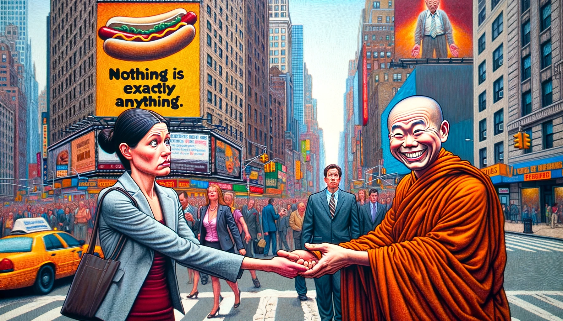 An illustration of a grinning Tibetan monk handing something to a befuddled young woman in the middle of Times Square. The phrase “Nothing is exactly anything” is visible on a billboard.