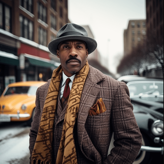 A man wearing a suit, scarf, and hat, standing in the middle of a street, surrounded by buildings and 1950s-style cars.