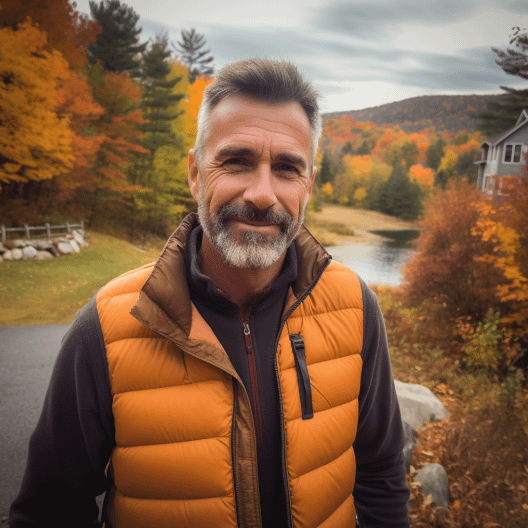 A middle-aged man in a puffy jacket, standing on a sloping street somewhere in the Northeastern United States, with varicolored autumn trees.