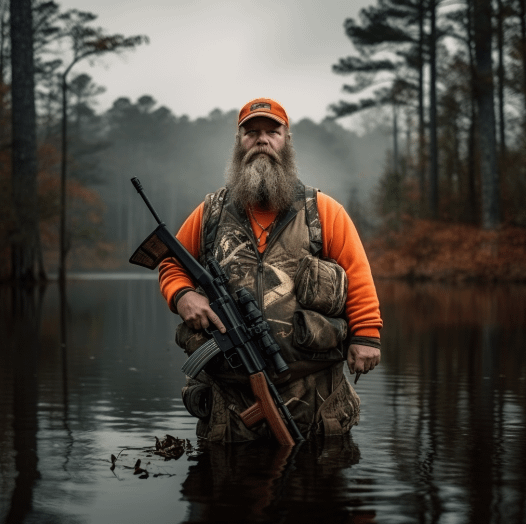 A heavyset, bearded man, wearing outdoor hunting gear, holding a rifle-like object, standing nearly waist-deep in a river.