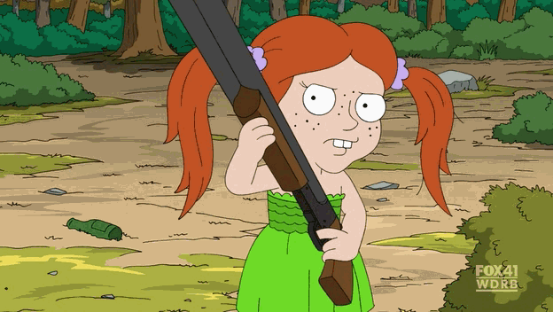 A brief looping animation of a cartoon girl operating the slide action of a pump-action shotgun, but it is also a side-by-side shotgun.