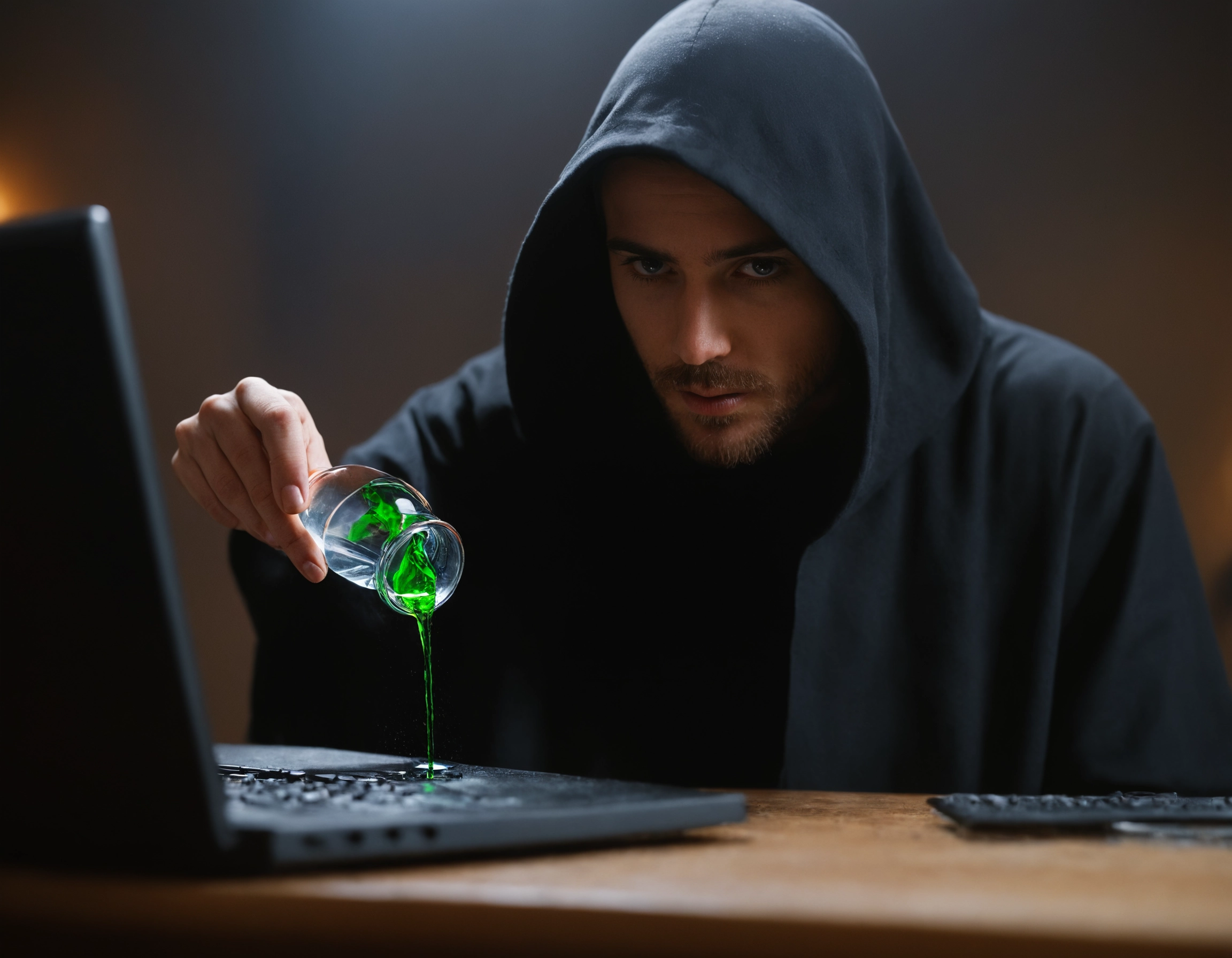 A black-cloaked, hooded spy pouring a vial of green poison onto a laptop computer.