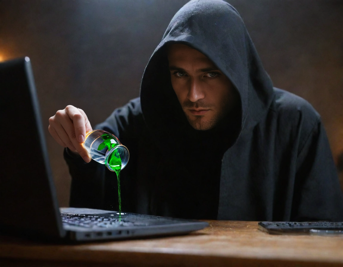 A black-cloaked, hooded spy pouring a vial of green poison onto a laptop computer. Similar to the final image, but not quite. The face of the spy is most noticeably different, particularly the length of his facial hair.