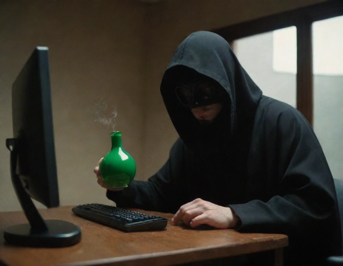 A black-cloaked, hooded spy, wearing a goggle-like mask on his eyes, holding a green bottle of poison near a laptop computer.