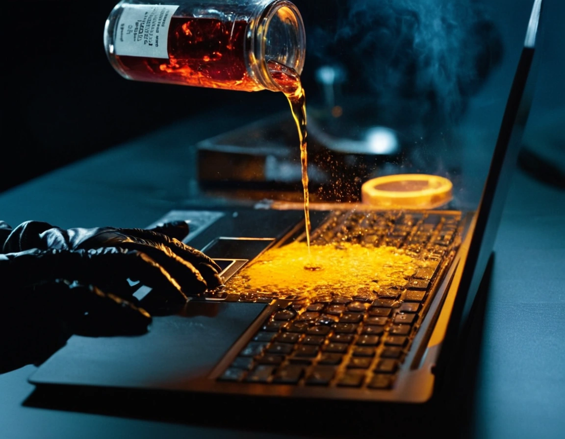 A vial of poison floats above a laptop, pouring out amber poison onto it and forming a flattish pile of crystals on the keyboard, as black-gloved hands sit on the palm rest.