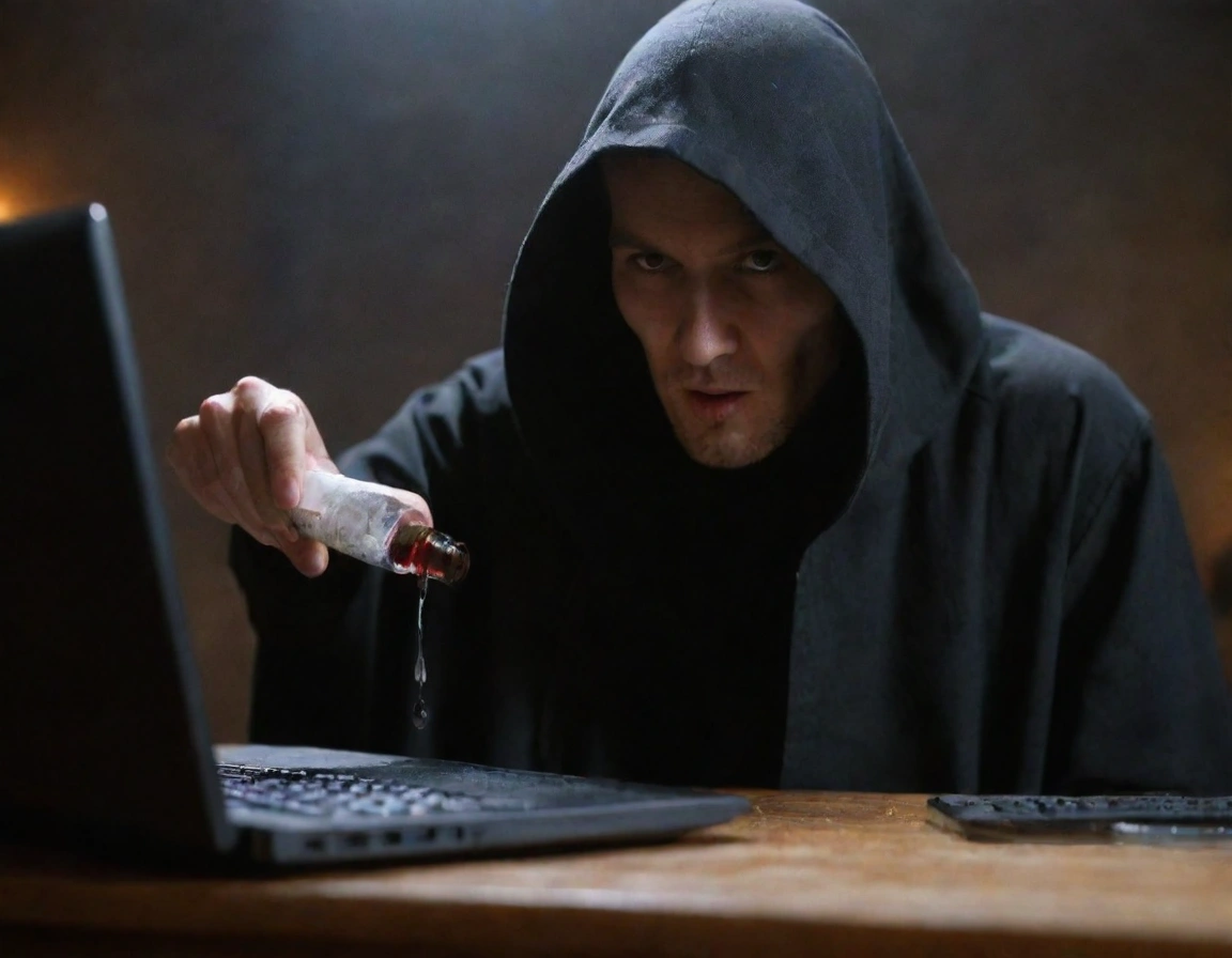 A black-cloaked, hooded spy pouring a vial of clear poison onto a laptop computer. An early version that looks less crisp than the final image.