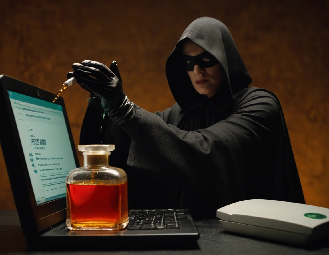 A black-cloaked, hooded female spy, wearing a black mask on her eyes, pouring a vial of amber poison onto the screen of a laptop computer. There is a large bottle of poison sitting on the keyboard, and a piece of computer equipment sits on the table nearby.